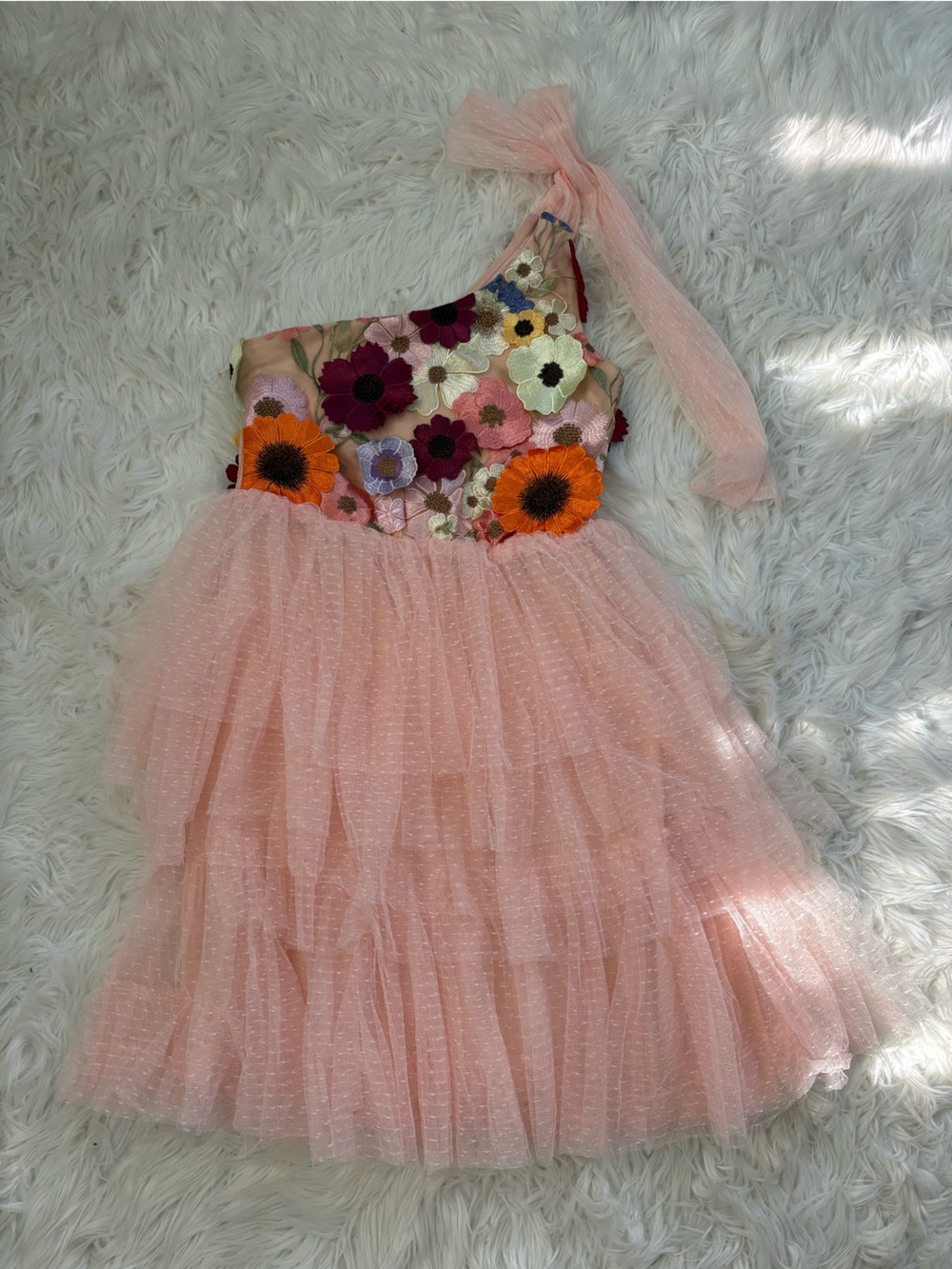 Just Me One-Shoulder Pink Tulle Dress with Floral Appliqué